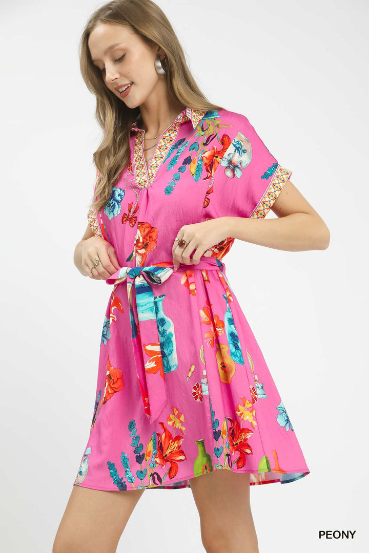 Peony Umgee Floral Print Mini Dress With Belt 1