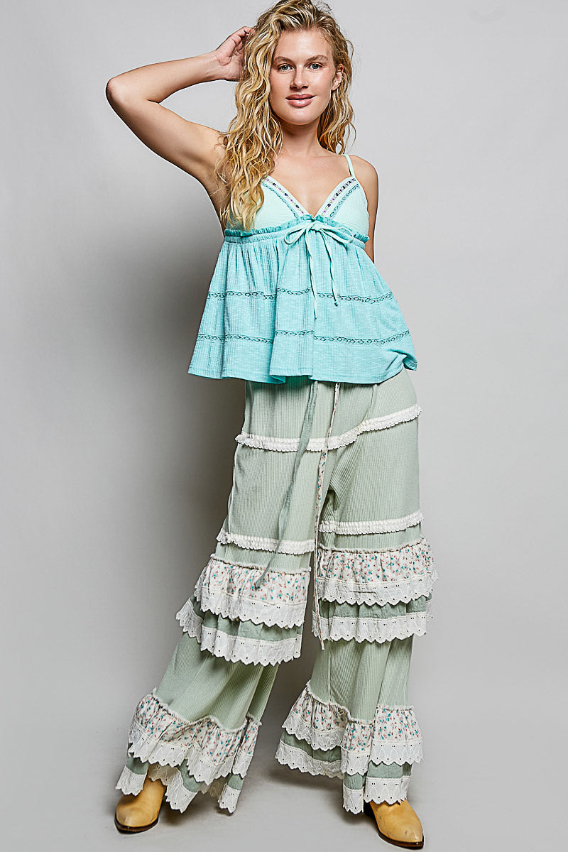 Pol V Neck Embroidered Trim Ruffled Cami 1