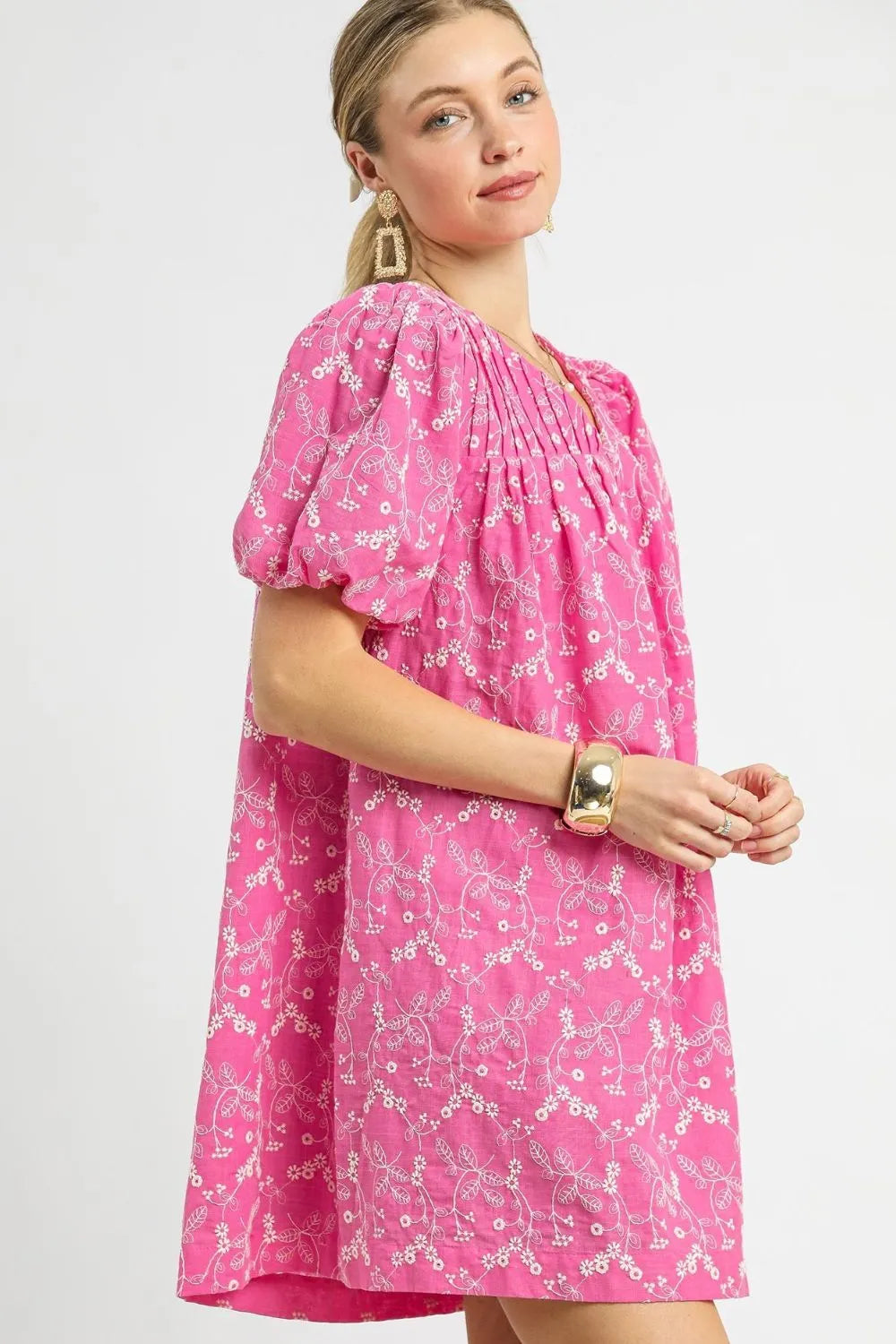 Hot Pink Umgee Floral Puff Sleeve V Neck Mini Dress