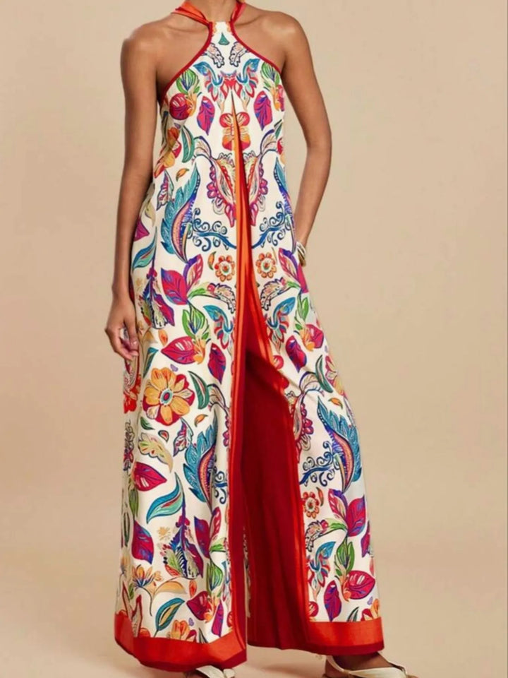 Red Printed Halter Wide Leg Jumpsuit