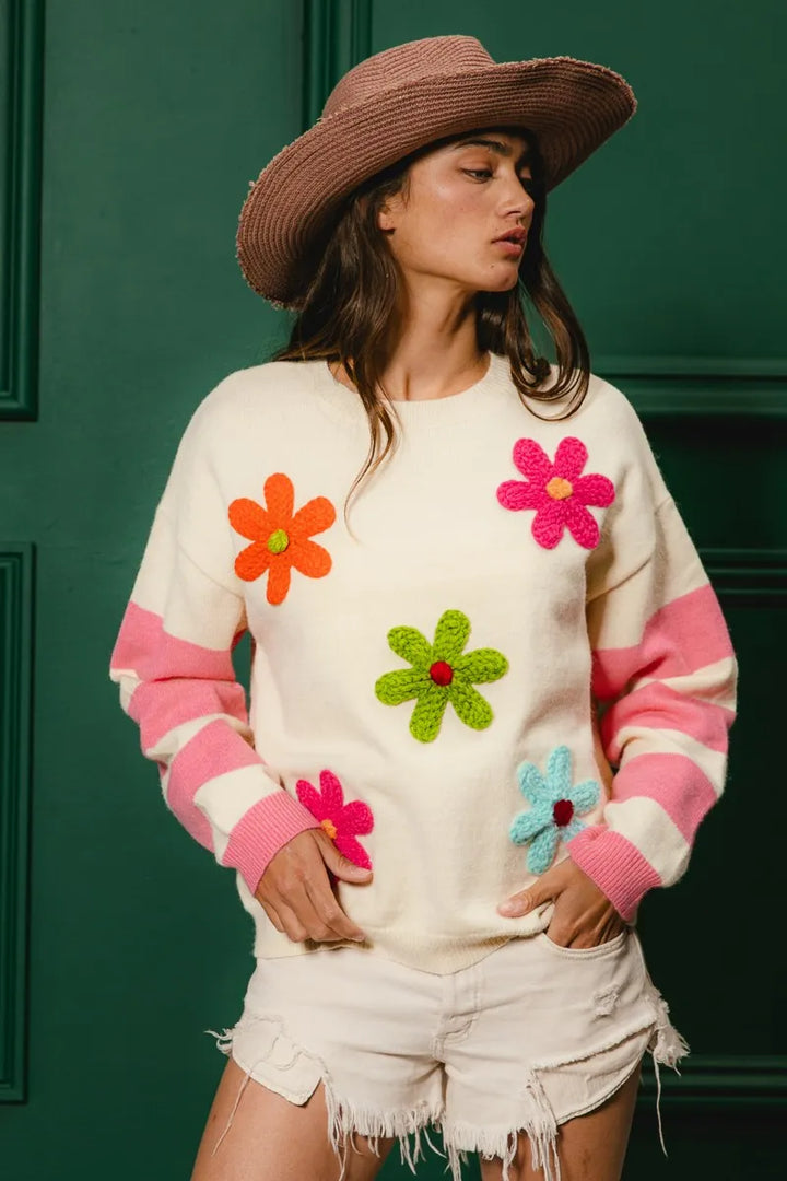 Bibi Colorful Floral Patched Sweater With Striped Sleeve