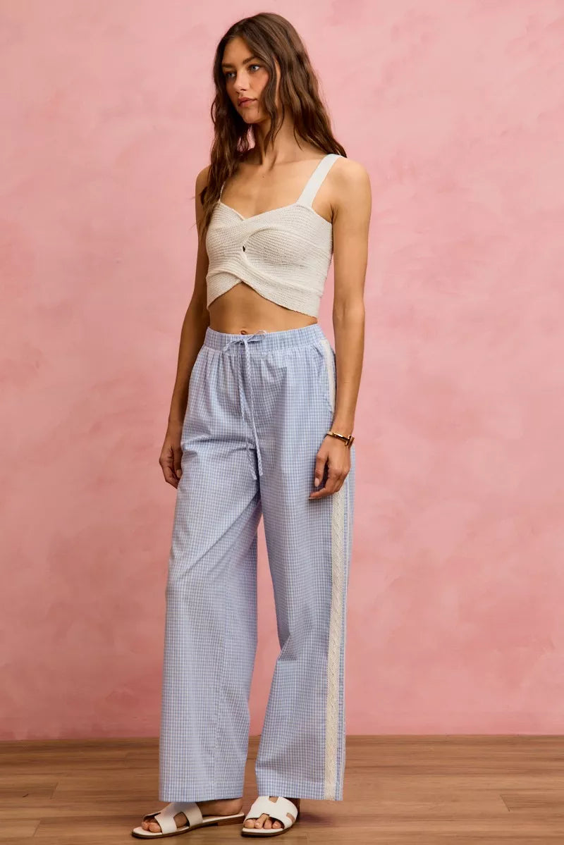 So Me Wide Check Pants With Side Lace Trim And Piping