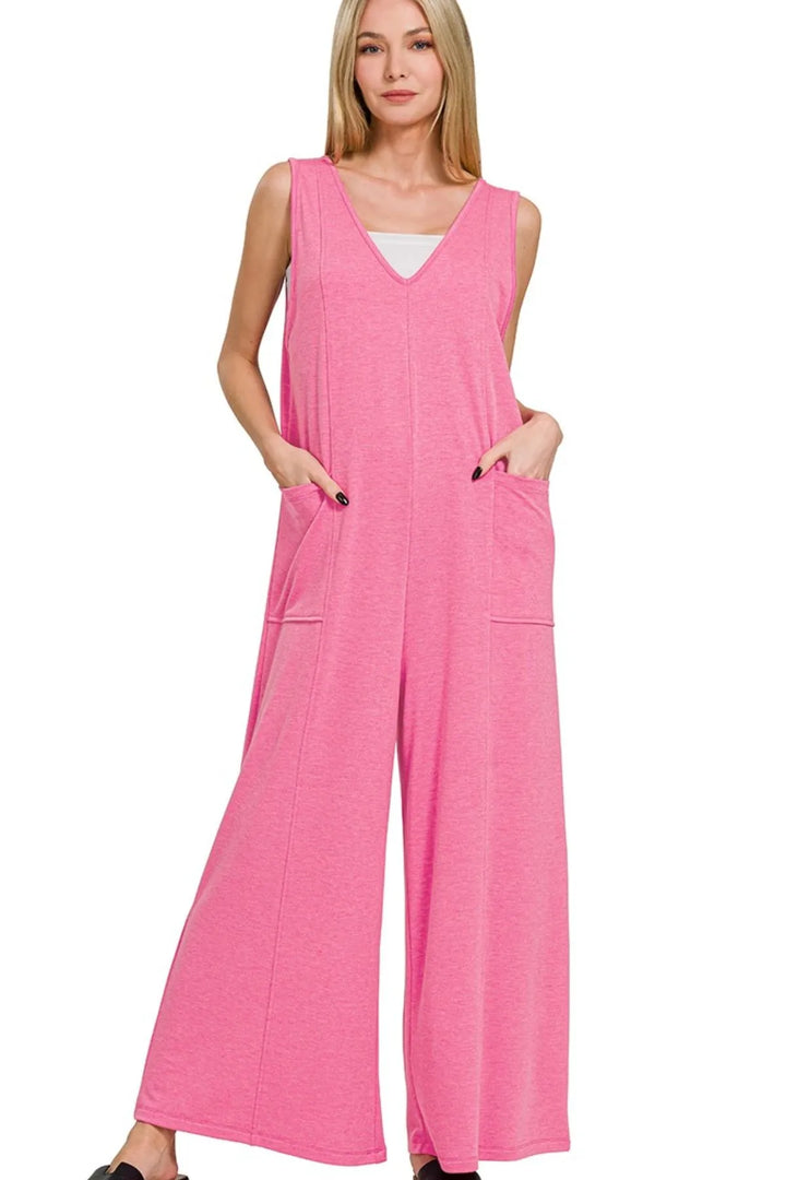 Fuchsia Zenana French Terry Deep V Neck Jumpsuits 2