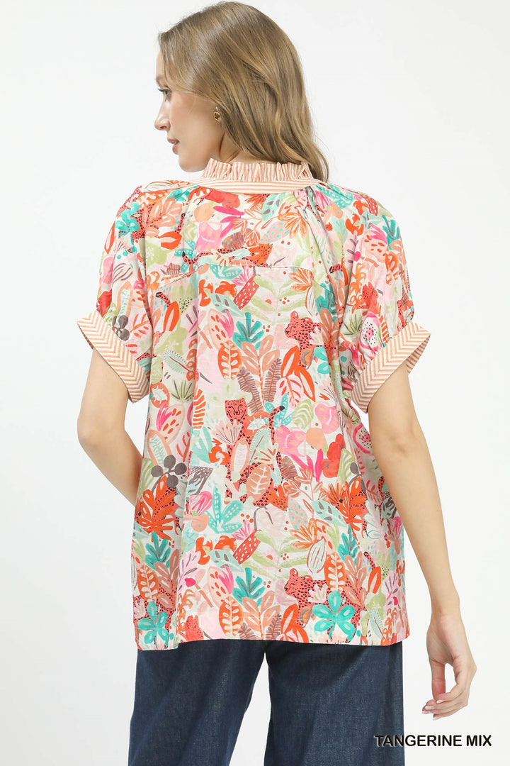 Tangerine Mix Umgee Mix Boho Printed V Neck Top