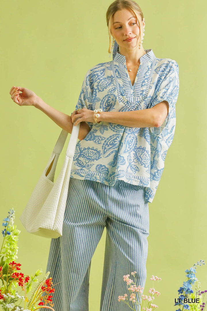 Lt. Blue Umgee Botanical Print Mixed Trim Tunic Top