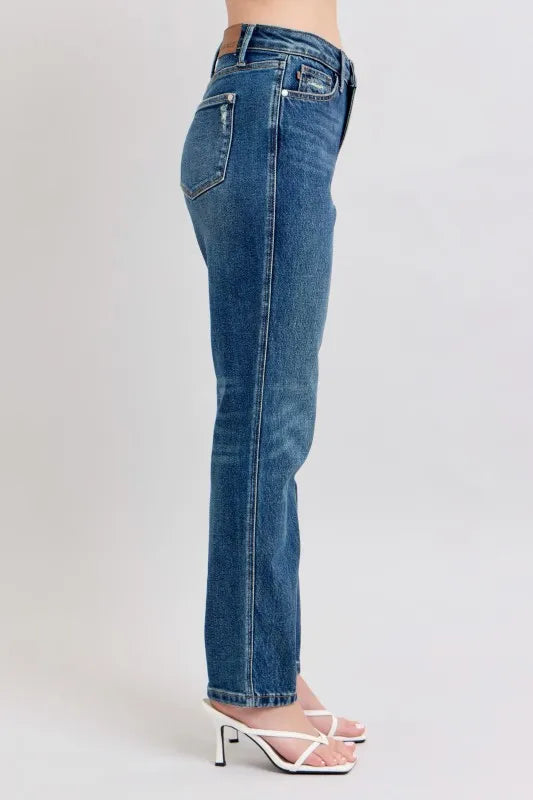 Dark Judy Blue Full Size High Waisted Rigid Magic Non Destroy Straight Leg Jeans Plus Size