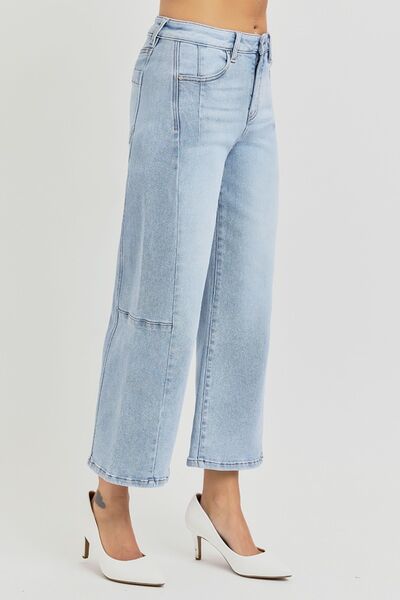 Light Risen Full Size High Rise Seamed Detail Wide Leg Crop Jeans