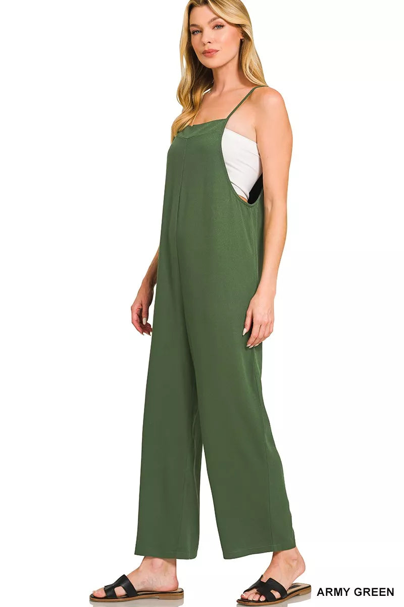 Army Green Zenana Rayon Woven Wide Leg Jumpsuit