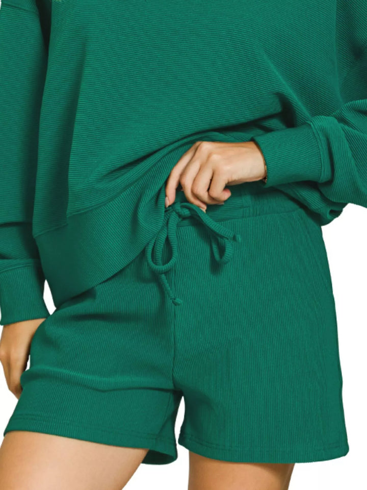 Hunter Green Zenana Ribbed Round Neck Pullover And Shorts Set 4