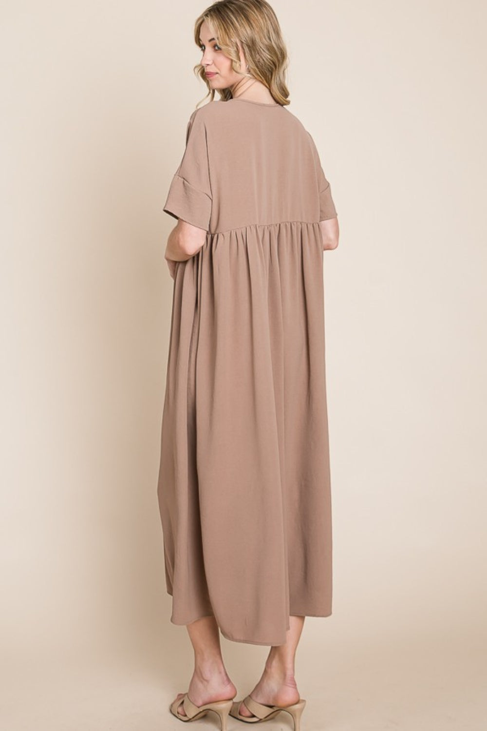 Mocha Bombom Round Neck Ruched Midi Dress