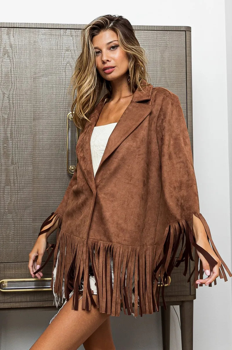 Mocha Bibi Single Blazer With Fringed Hem