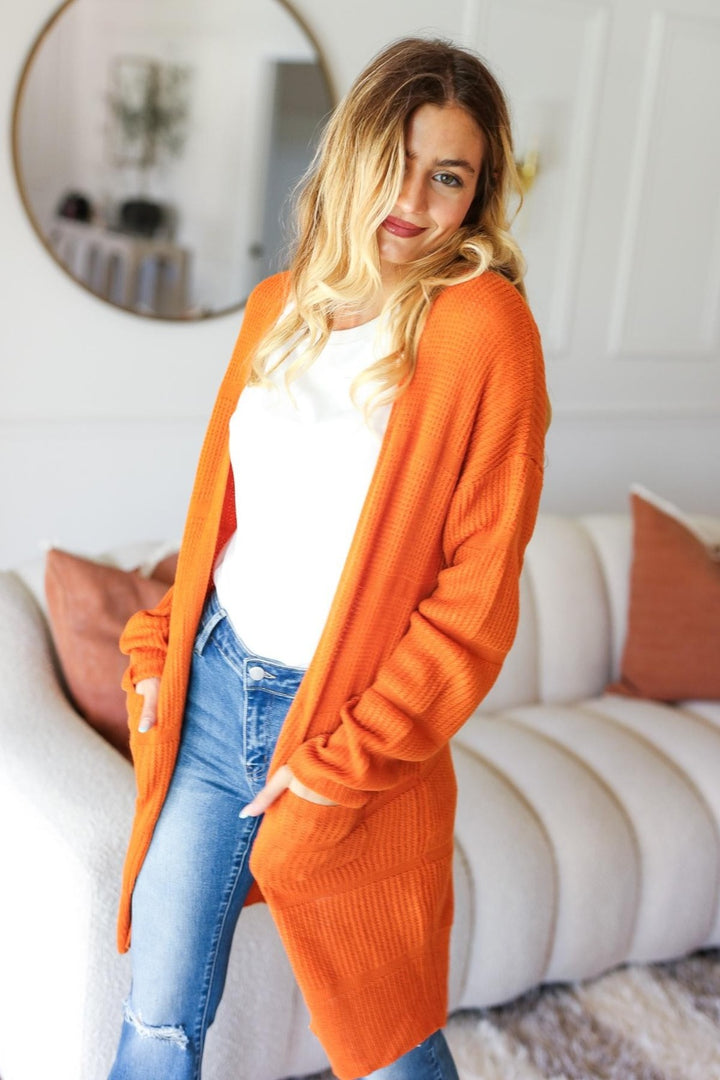 Rust Haptics Full Size Stripe Textured Open Front Cardigan With Pockets