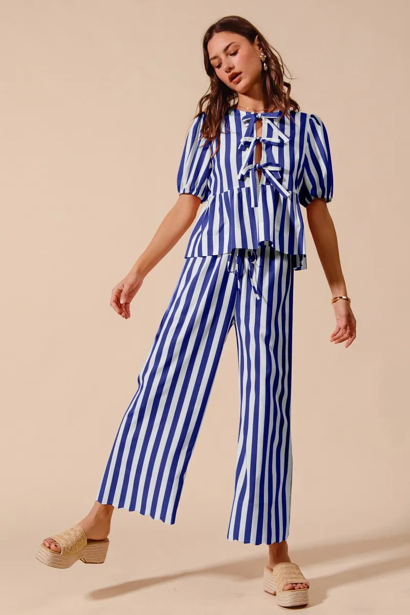 Royal Blue So Me Front Tie Stripe Puff Sleeves Top And Wide Leg Pants Set 1