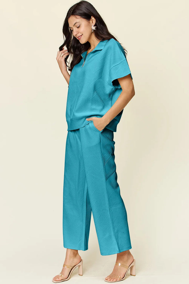Light Blue Double Take Full Size Texture Half Zip Short Sleeve Top And Pants Set 1