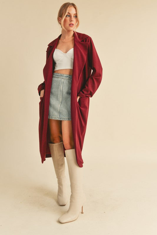 Burgundy Aemi Co Lapel Collar Long Sleeve Longline Coat