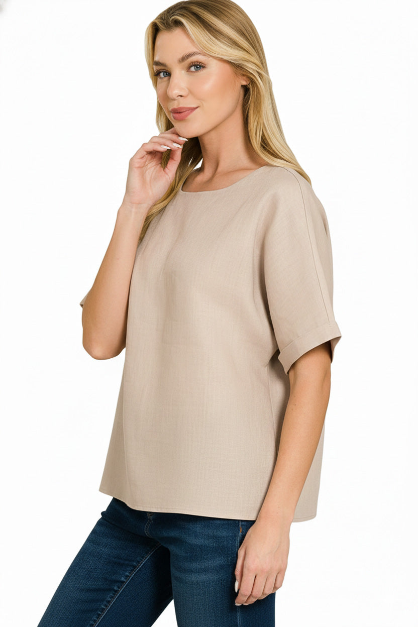 Ash Mocha Zenana Linen Round Neck Cuffed Sleeve Top 5
