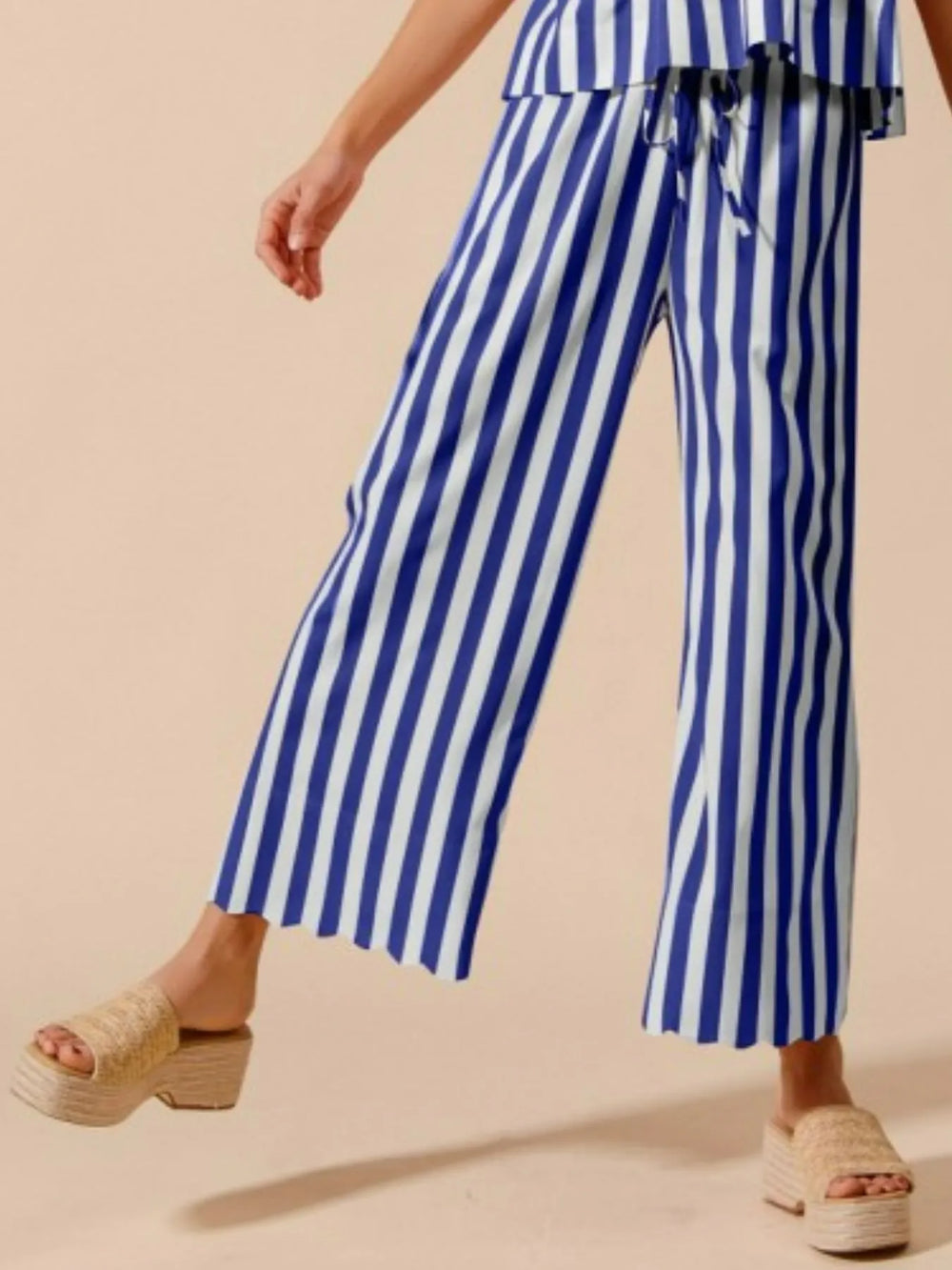 Royal Blue So Me Front Tie Stripe Puff Sleeves Top And Wide Leg Pants Set 1