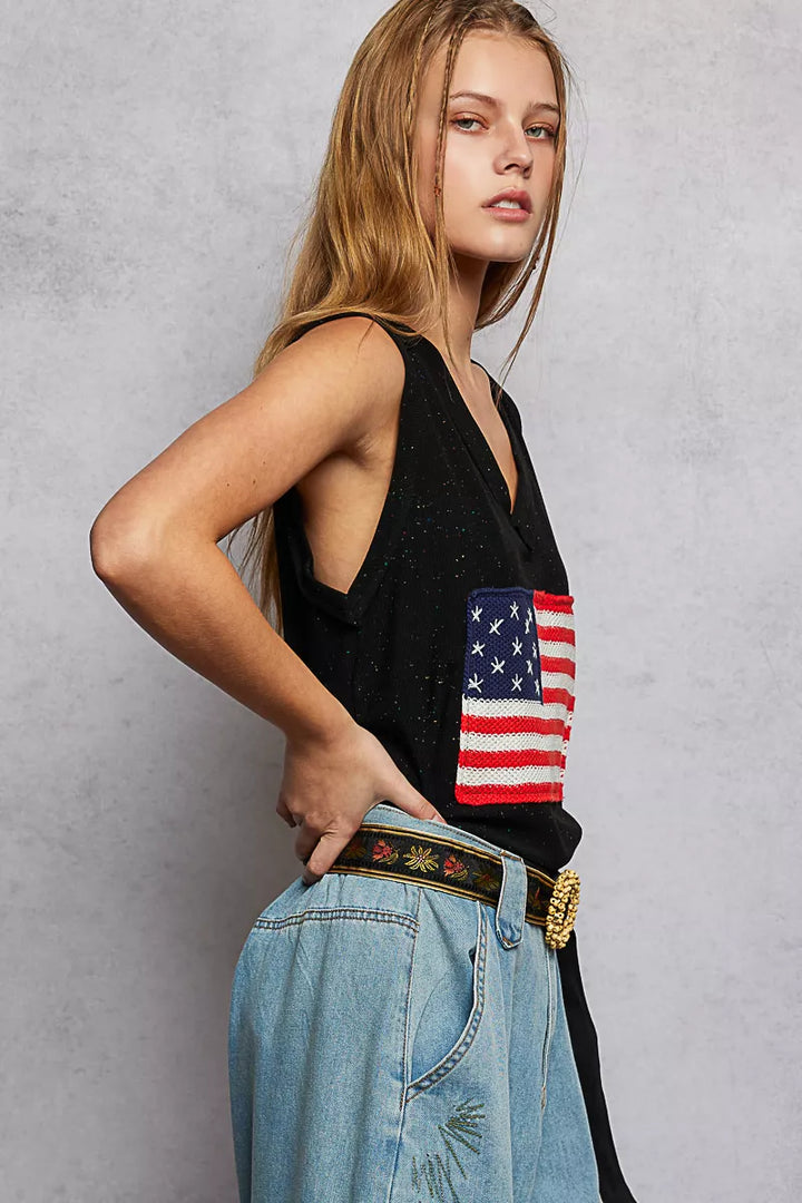 Black Pol V Neck Ribbed Tank With American Flag Patch And Star Back Patch 1