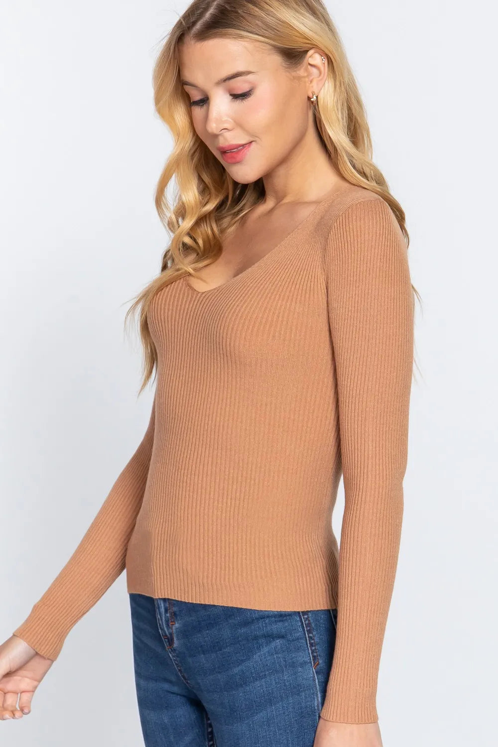 Khaki Active Basic V Neck Fitted Viscose Rib Knit Top