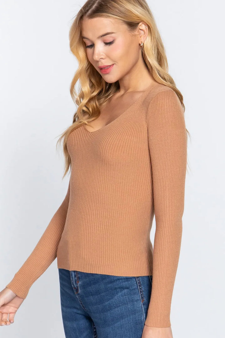 Khaki Active Basic V Neck Fitted Viscose Rib Knit Top