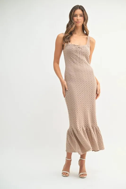 Mocha Mable Ruffled Hem Sleeveless Crochet Knit Midi Dress 1