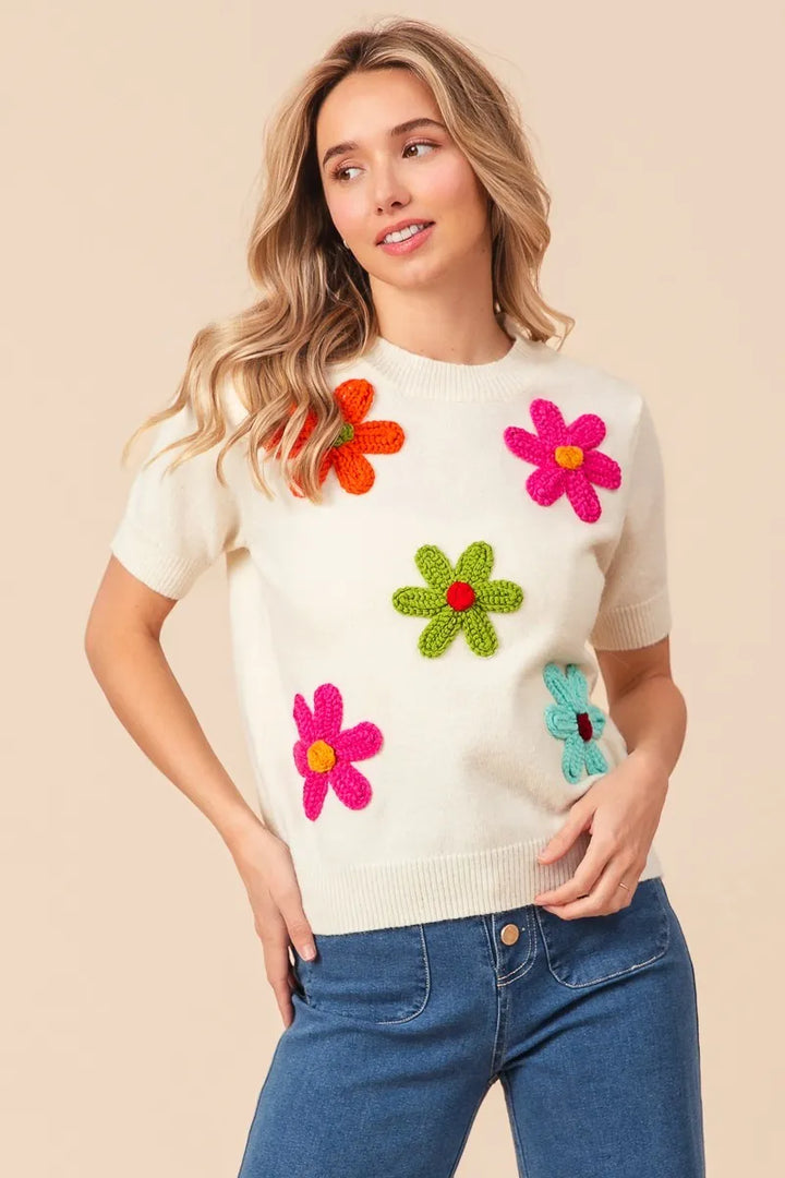Ivory Bibi Crochet Flower Patch Sweater Top