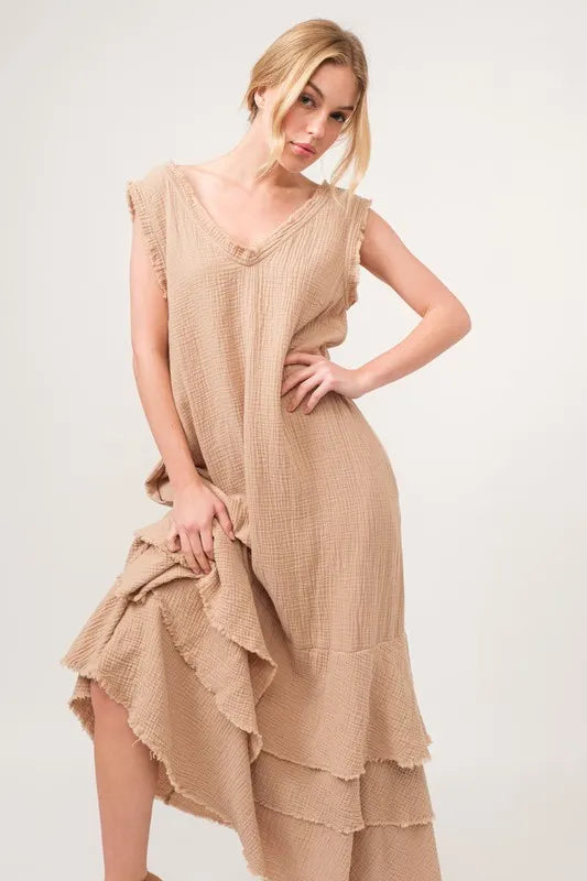 Sand And The Why Washed Cotton Gauze Fringe Detail Tiered Dress 1