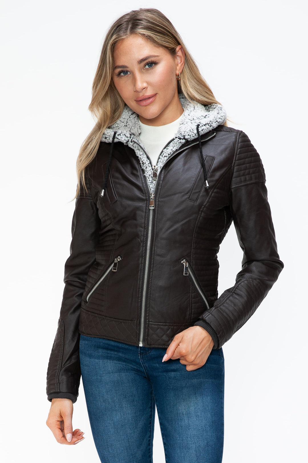 Chocolate Ymi Faux Layered Double Zipper Jacket With Fuzzy Hood