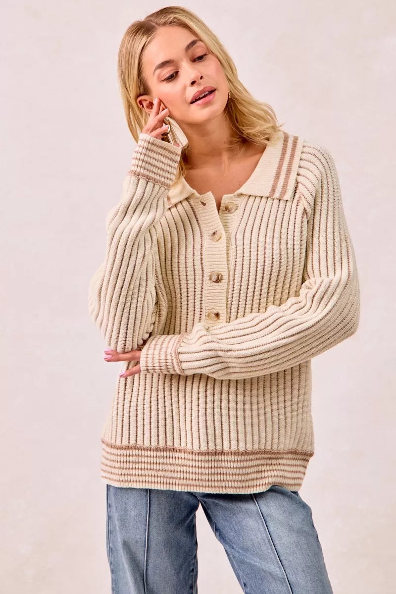 Bibi Half Button Ribbed Two Tone Sweater