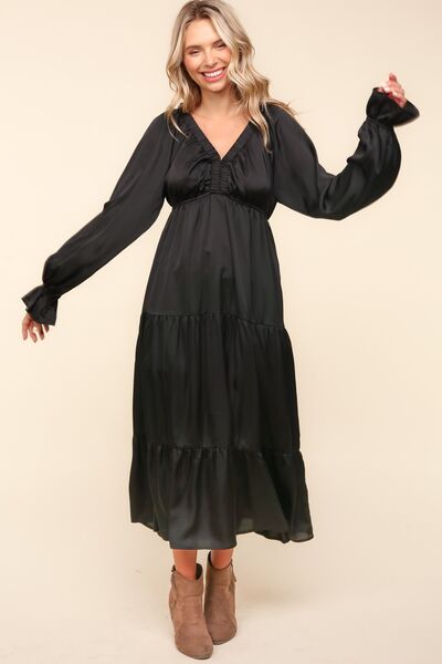 Black Haptics Flounce Sleeve Tiered Midi Dress With Pockets