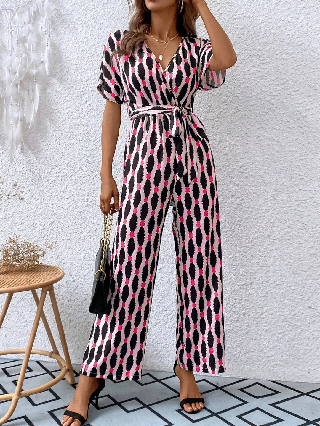 Dusty Pink Printed Surplice Tie Waist Short Sleeve Jumpsuit