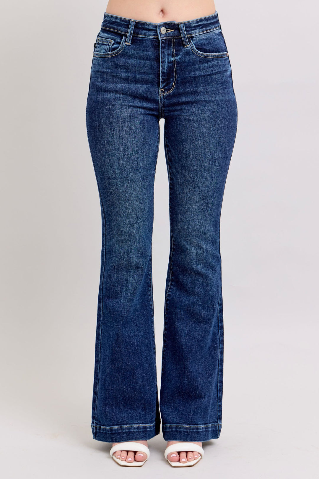 Dark Judy Blue Full Size High Rise Flare Jeans With Pockets Plus Size