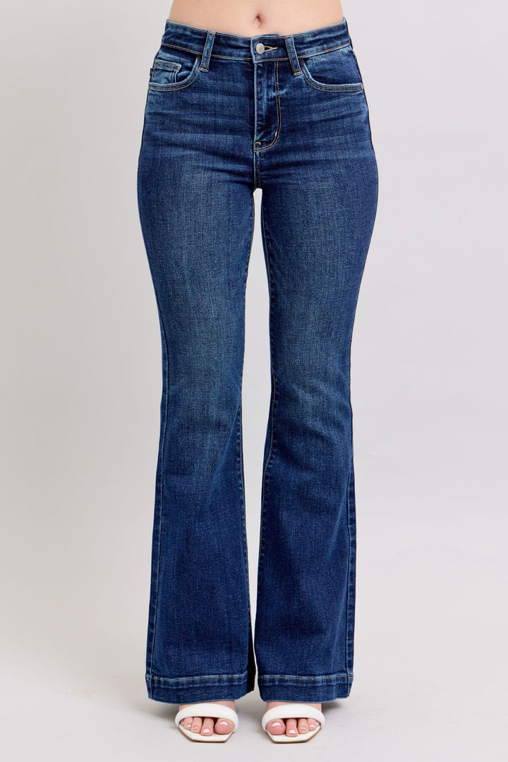 Dark Judy Blue Full Size High Rise Flare Jeans With Pockets Plus Size