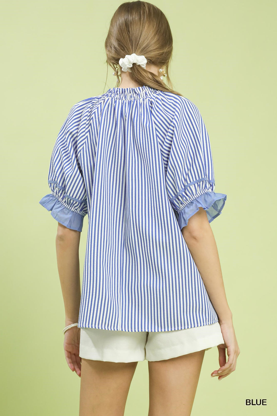 Umgee Stripe Ruffle Sleeve Split Neck Blouse