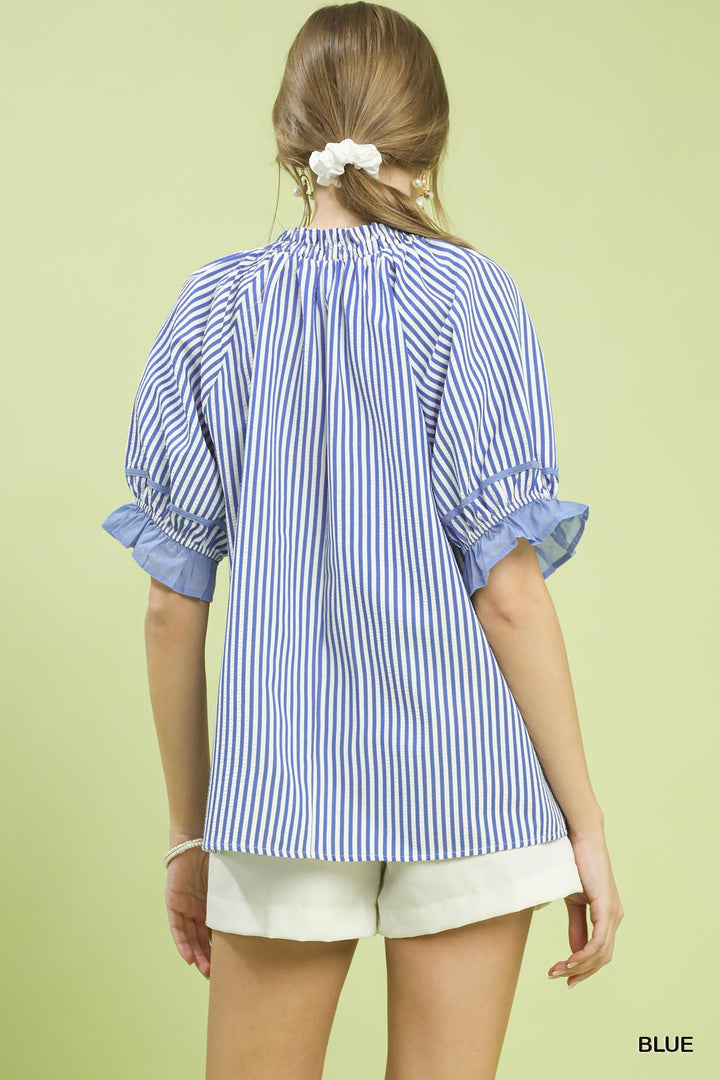 Umgee Stripe Ruffle Sleeve Split Neck Blouse
