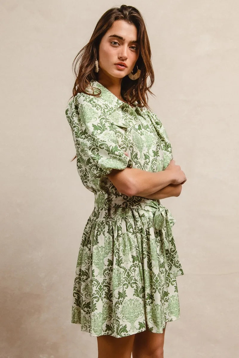 Green/Cream Bibi Tied Floral Short Sleeve Mini Shirt Dress