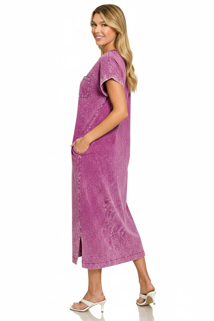 Lt Plum Zenana Washed Exposed Seam Short Sleeve T Shirt Dress 1
