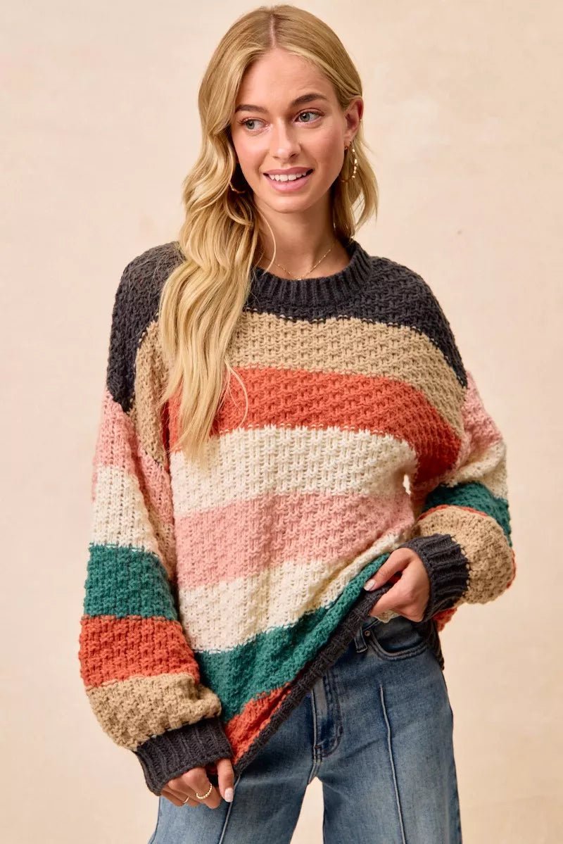 Charcoal/Teal Combo Bibi Stripes Color Block Chunky Sweater