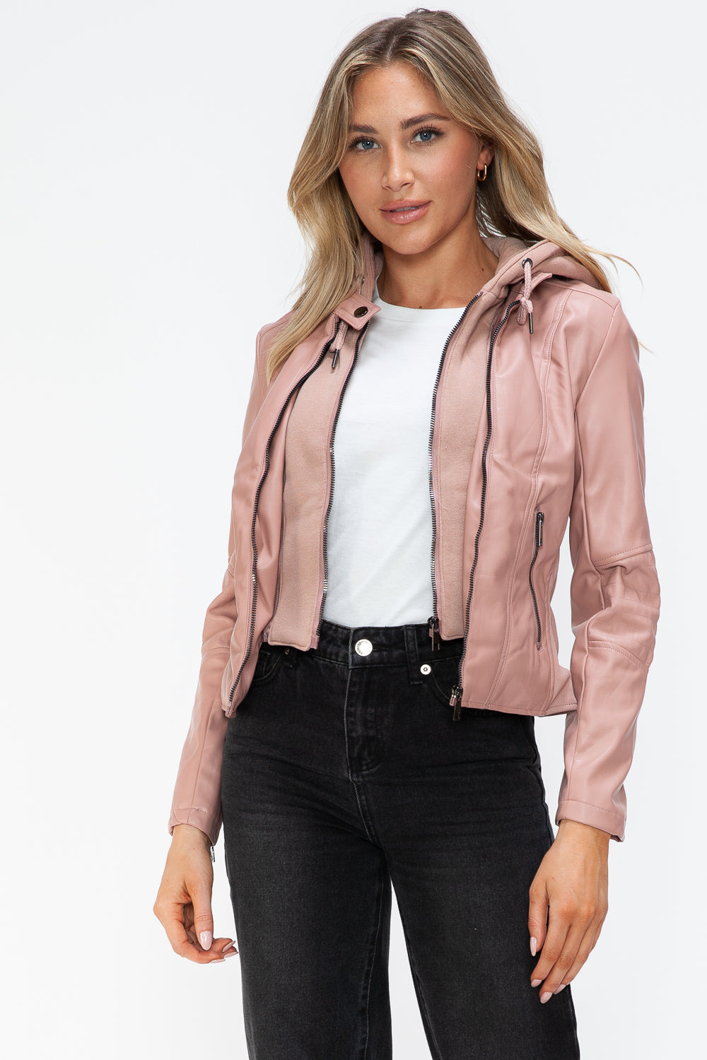 Snobbish Faux Leather Zip Up Drawstring Hooded Jacket 4