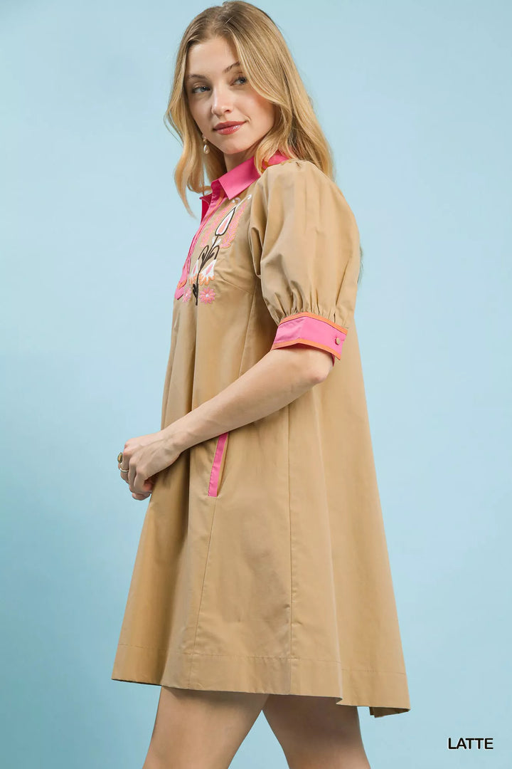 Latte Umgee Embroidered Contrast Trim Tunic Dress
