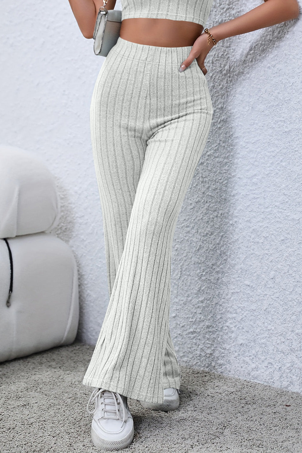 Light Gray Basic Bae Full Size Ribbed High Waist Flare Pants