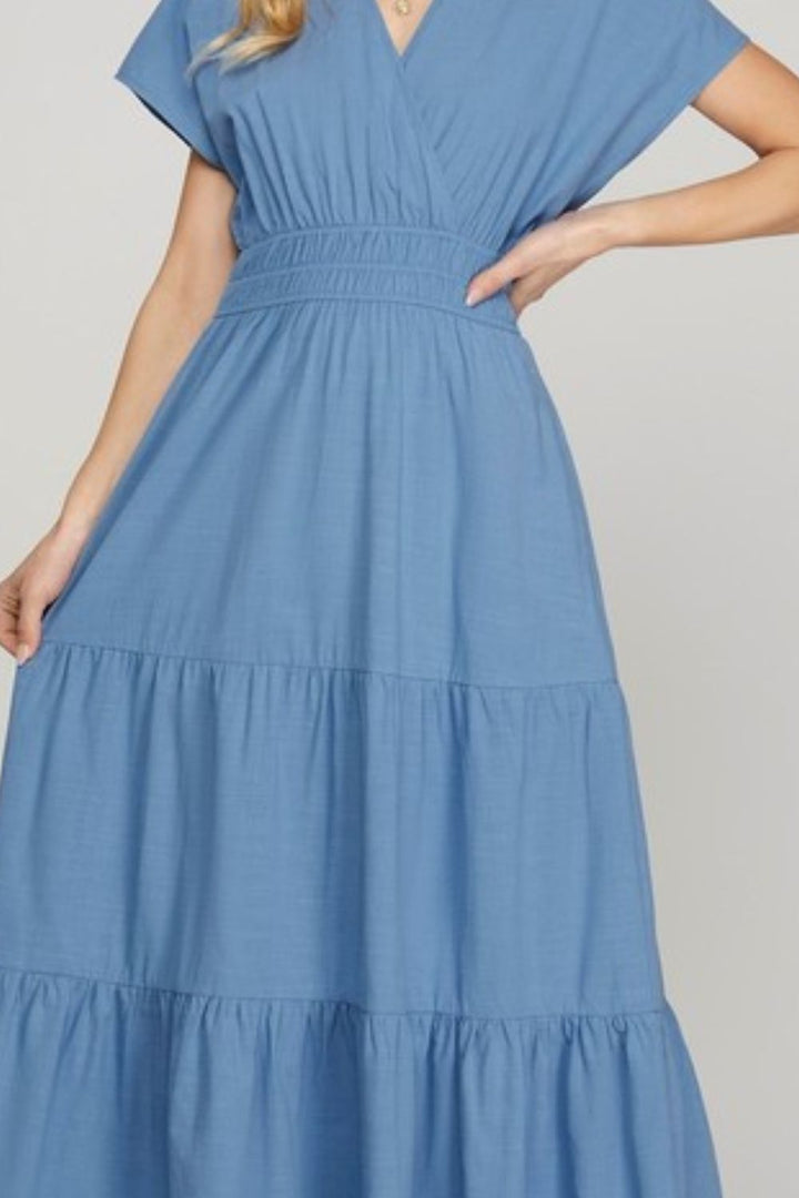 Cerulean She Sky Surplice Short Sleeve Tiered Maxi Dress With Pockets