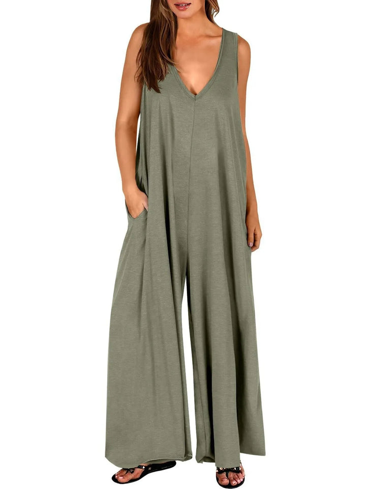 Ochre Sleeveless V Neck Jumpsuit With Pockets