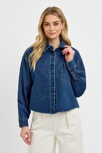 Dark Risen Button Up Long Sleeve Denim Shacket