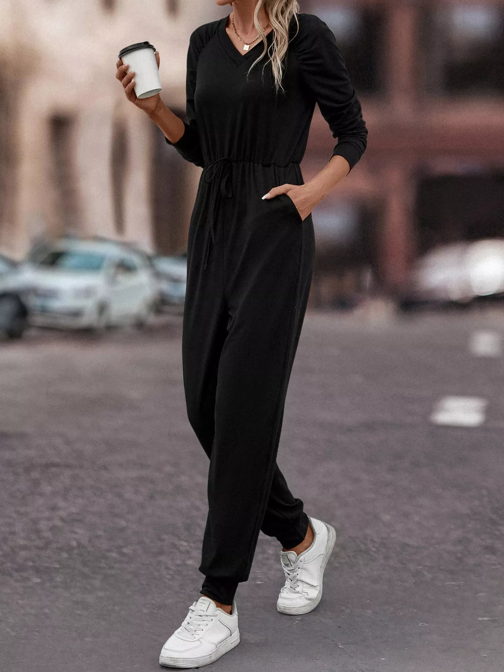 Black Casual Long Sleeve Drawstring Waist Jumpsuit