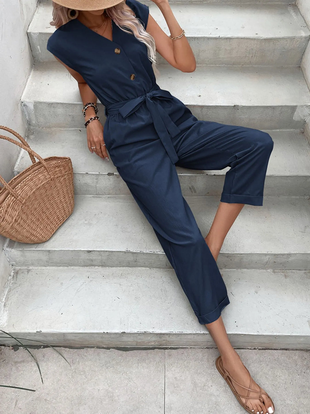 Dark Blue Button Front Tie Waist Jumpsuit
