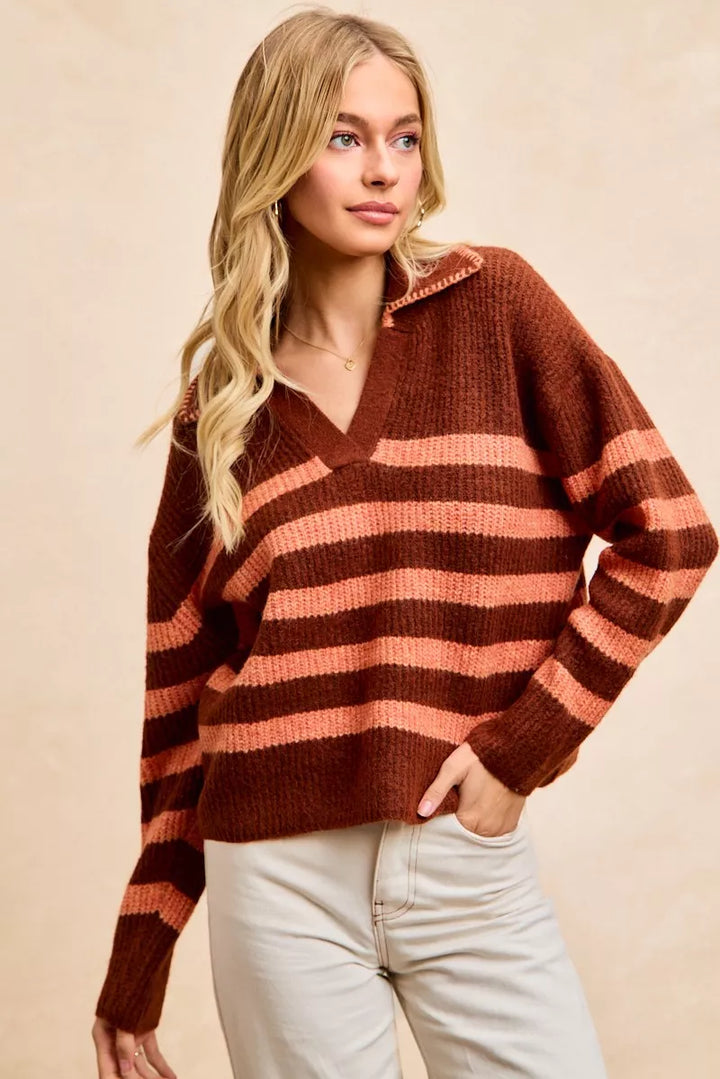 Brick/Terracotta Bibi Striped Sweater Top With Collar Stitched Details