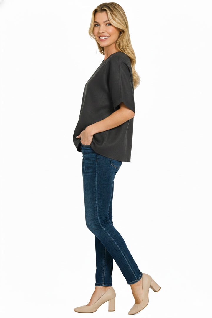 Black Zenana Linen Round Neck Cuffed Sleeve Top 4