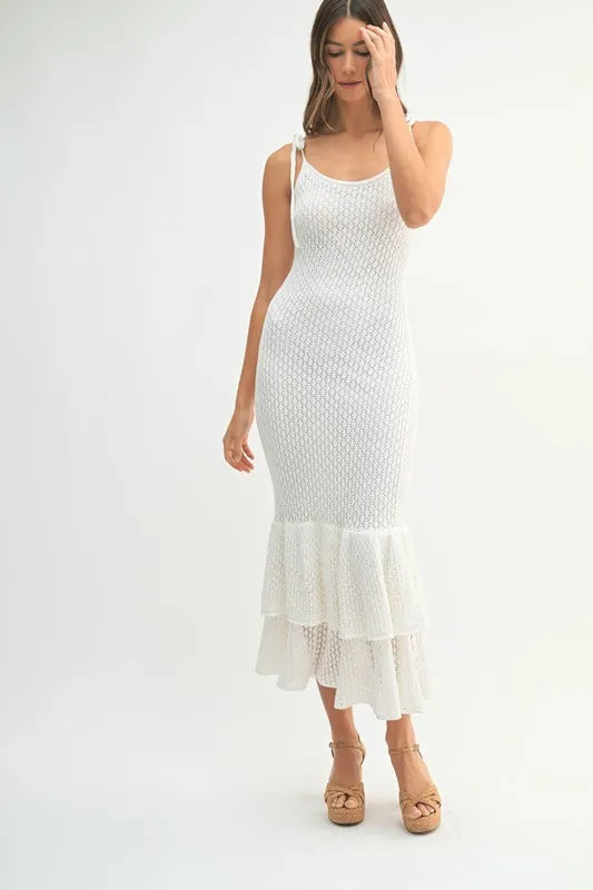 Off White Mable Sleeveless Shoulder Tie Rose Knit Midi Dress