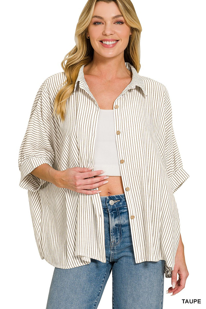 Taupe Zenana Full Size Woven Stripe Button Down Boxy Shirt Plus Size 1